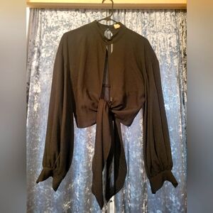 Black Key hole open blouse with bishop/ballon sleeve ties in the front